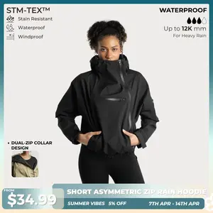 PUFFIT STM-TEX Short Rain Hoodie With Asymmetric Zip and Adjustable Hem,Chest Pocket Design,Spring Hooded Jacket,Waterproof Jacket,Women Jacket,Spring Jacket,Windbreaker,Dog Walking,School Running,Football Mum