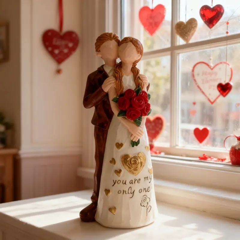 Valentine's Day Couple Statue Ornament, Wedding Marriage Resin Decor, Heart Theme Living Room Coffee Table Decoration, Romantic Gift