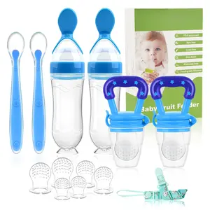 Baby Fruit Feeder Pacifier - 6 Pack |     2 Infant Food Pacifier & 2 Baby Food Dispensing Spoon |     Fresh Fruit Teethers for Babies |     Silicone Feeder Babies,Infant Teething Feeders (Blue)
