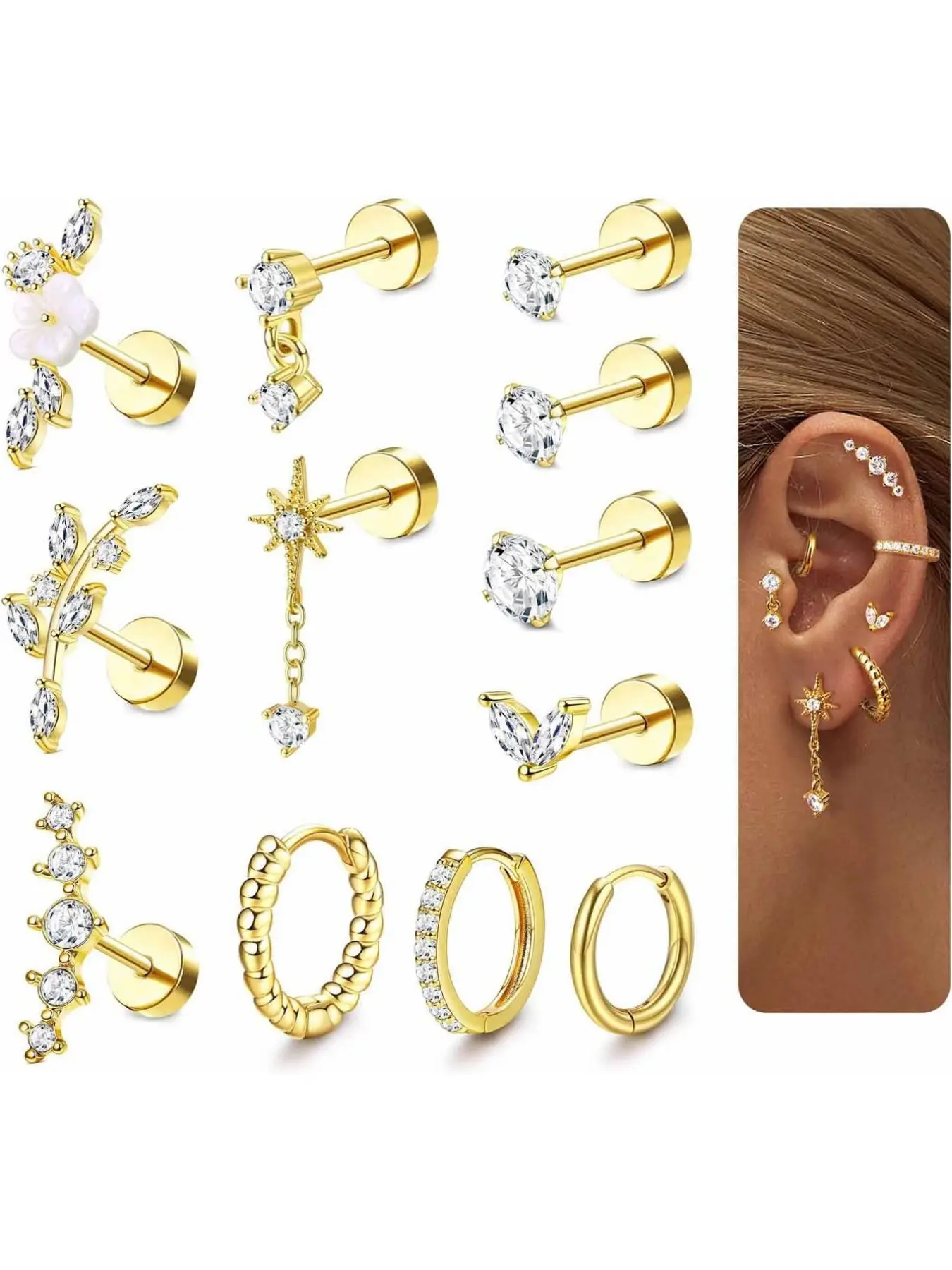 16 Gauge Hypoallergenic Cartilage Earrings for Women, Flat Back Earrings, Flat Pierced Earring, Ear Studs, Surgical Stainless Steel Stud Hoop, Daith Conch Tragus Helix Piercing Jewelry, Flatback Stud Earrings