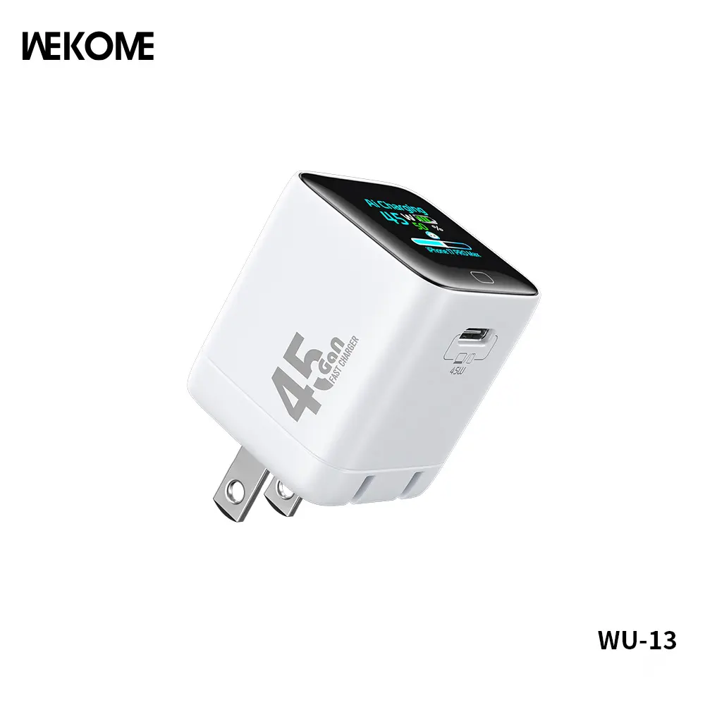 WEKOME 45W GaN Fast Charger with AI Digital Display, Polycarbonate Build, Foldable US Plug Power Adapter for iPhone, Samsung Mobile Devices (White), Fast Charging