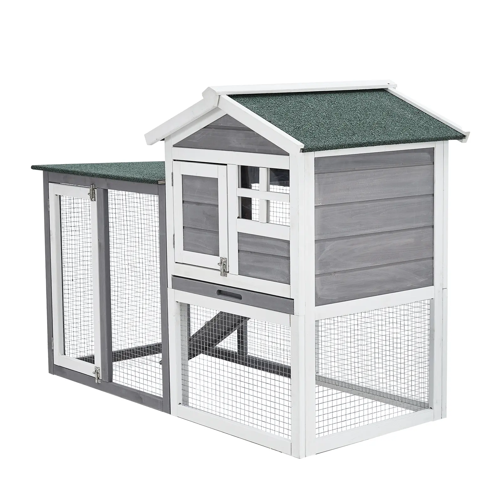 48 in 2-Tiered Wooden Frame Rabbit Hutch for Small Animals - Indoor-Outdoor House with Leak-Proof Pull-Out Tray, Waterproof Roof, Lockable Doors - Ideal for Bunnies, Guinea Pigs, Chickens - Gray/White, Two-Tiered