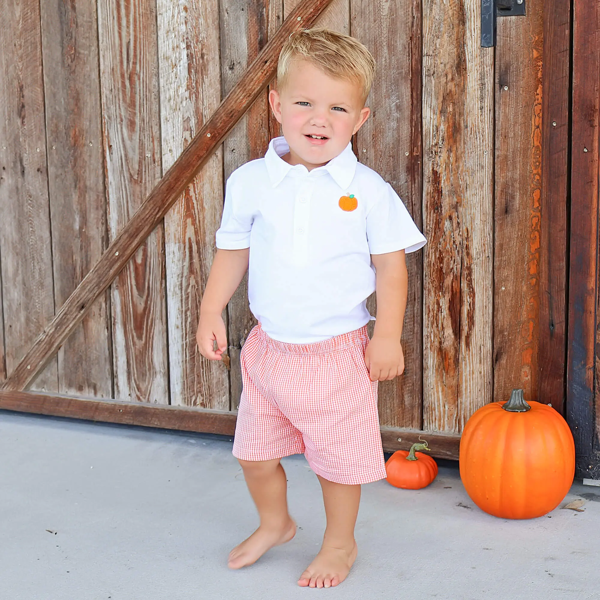 Fall Pumpkin Orange Gingham Polo Short Set