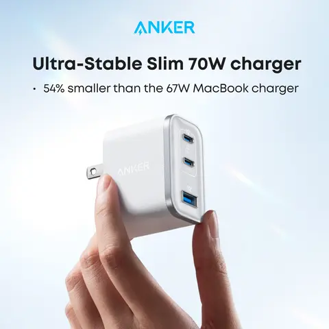 Anker 70W Ultra-Fast Metal Frame Miniature 3-Port Travel Charger Block - Includes USB-C to USB-C Cable, Mobile Electronic Smart Charger for iPhone 17/16/15 Series, MacBook, iPad, with Type-A Port