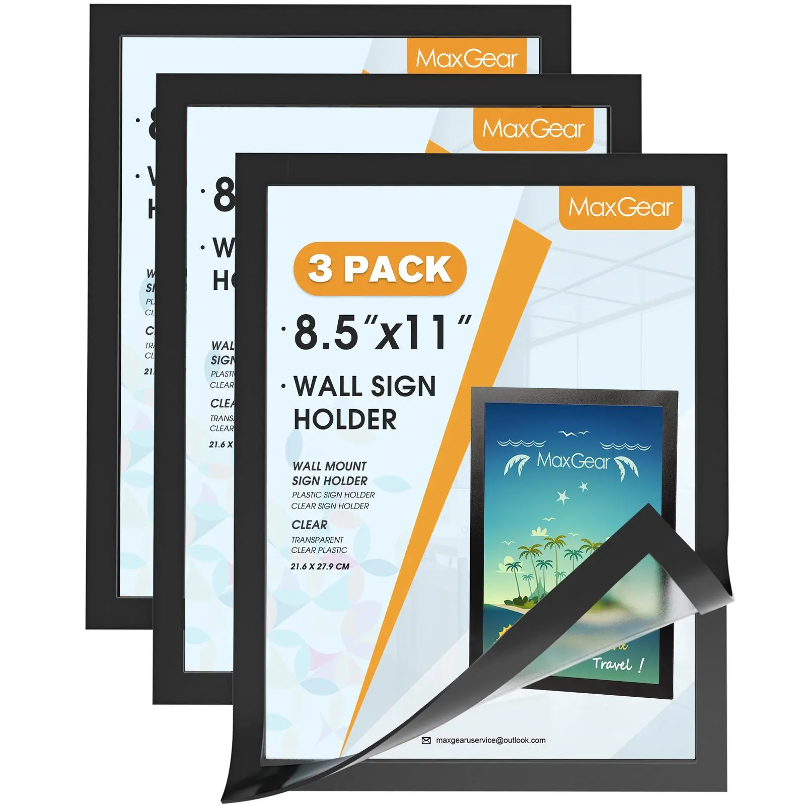 MaxGear Magnetic Sign Holder 8.5 x 11 Wall Mount, Self Adhesive Display Picture Frames with Strong Magnetic Border and Clear PVC, Document Poster Paper Holder for Home Office Store, 3 Pack, Decor, Landscape