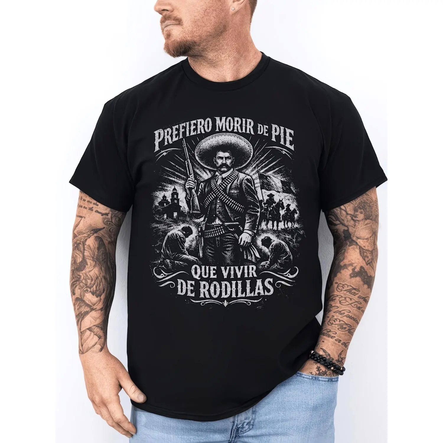 Men's 100% Pure Cotton Oversized Shortsleeve Crew Neck Tee, Historical Icon Emiliano Zapata Print Breathable Casual Top, Mexican Revolution Heat Transfer Apparel, Gift for Friends