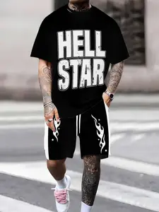 Summer Men's Street Style Hell Star Letter Print Short Sleeve Set, Breathable Comfort Sporty Casual T-Shirt and Shorts Two-Piece Set
