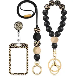 SQ-KC074 4 Pcs Teacher Lanyards for ID Badges and Keys Leopard Lanyard Badge Holder Silicone Beaded Breakaway Keys Accessories(Cool Leopard)