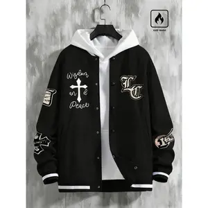 Printed baseball jacket featuring cross, wisdom, and peace patterns; warm for cool weather; casual street style; unisex fashion outerwear