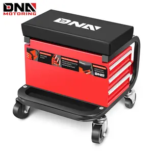 Steel Mechanics Seat 3-Drawer Rolling Mechanics Seat Workbrench Garage Shop Stool With Storage Slot Red