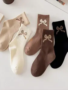 Women's Bowknot Multicolor Knit Mid-Calf Socks, Womenswear, Striped Long Socks, Comfortable Breathable Soft Casual Everyday Street Style, All Seasons, Size 36-42