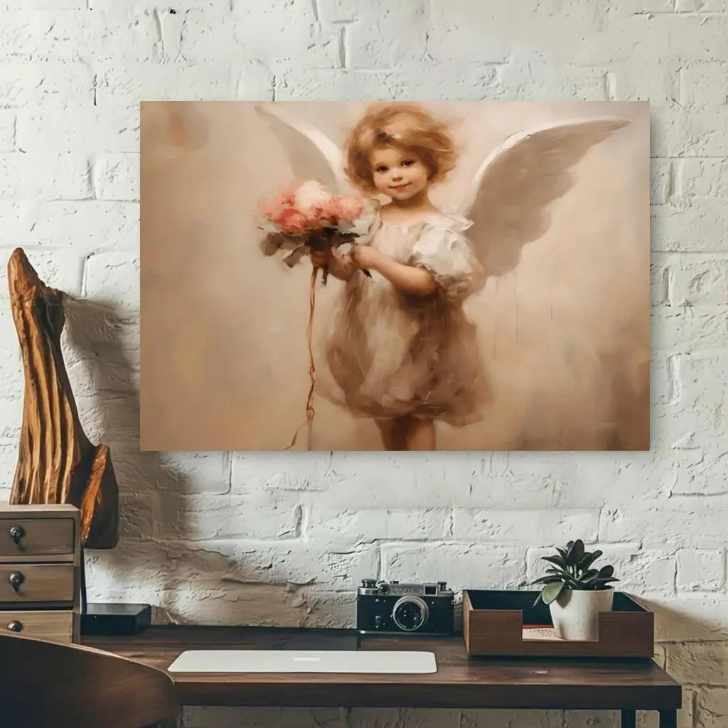 1pc Retro Cupid Cherub Print Canvas Painting - Glossy High-Quality Ink, 0.9in Thick Wooden Frame, Blush Flowers, Durable Canvas, Multi-Size (12x18in,16x24in,20x30in), Valentine's Day Gift for Friends, Wall Decoration for Living Room, One-Piece
