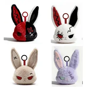 Spooky Cute Gothic Bunny Plush Keychain Set, 4 Styles Emo Grunge Rabbit Head Bag Charms with Stitched Eyes & Crack Details, Fluffy Bunny Key Rings for Backpack, Keys, Handbag, Women Girls, Gothic Style Fans, Gift #FFM