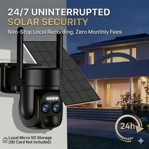 VAVUPO 4MP Solar Powered Security Camera Outdoor WiFi, 24/7 Non-Stop Local Recording, PTZ Surveillance Camera with Dual Lens, Wireless Color Night Vision, Wide Angle, No Subscription Fee