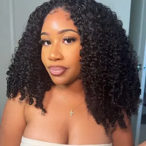 Arabella Hair Women's 3-in-1 Burmese Curly/Afro Kinky Curly Half Wig, 250% Density Super Double Drawn Raw Human Hair, Glueless Glue-Free Invisible Line Drawstring, Natural Black No Lace Install Endless Styles