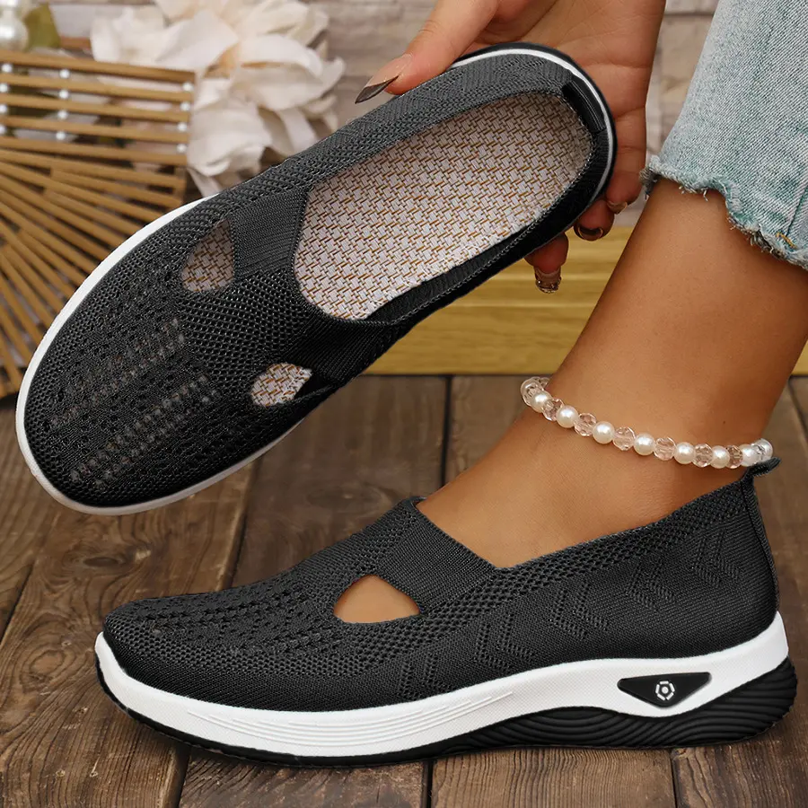 OFIREND Women's Casual Mary Jane Wedge Loafers, Soft Breathable Knit Fabric Slip-On Walking Shoes, Lightweight & Cushioned, Round Toe, Daily Wear, Pvc, Elastic Band, Footwear, Knit Upper, Indoor, Flat Heel, Elastic Soft Soles, Eva, Cloth, Breathable Slip