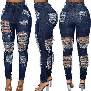 Quality Detail Dark Blue Ladies Ripped Jeans - Women's Bottoms - Women’s wear Comfortable Everyday Denim Casual Fabric Fit Day Skinny stretch fabric material fashion style mid waist party club outfits Streetwear luxury jewelry trending runway rodeo Medium