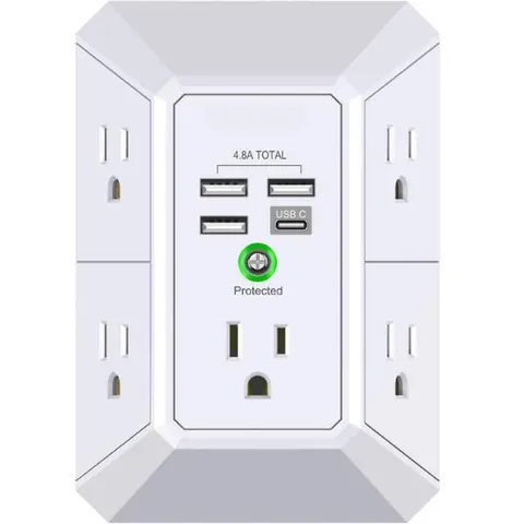 Wall Charger Surge Protector 5 Outlet Extender with 4 USB Charging Ports 4.8A Total 3-Sided 1680J Multi Plug Adapter Spaced for Home Travel Office