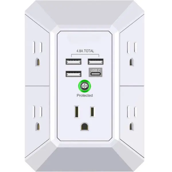 Wall Charger Surge Protector 5 Outlet Extender with 4 USB Charging Ports 4.8A Total 3-Sided 1680J Multi Plug Adapter Spaced for Home Travel Office