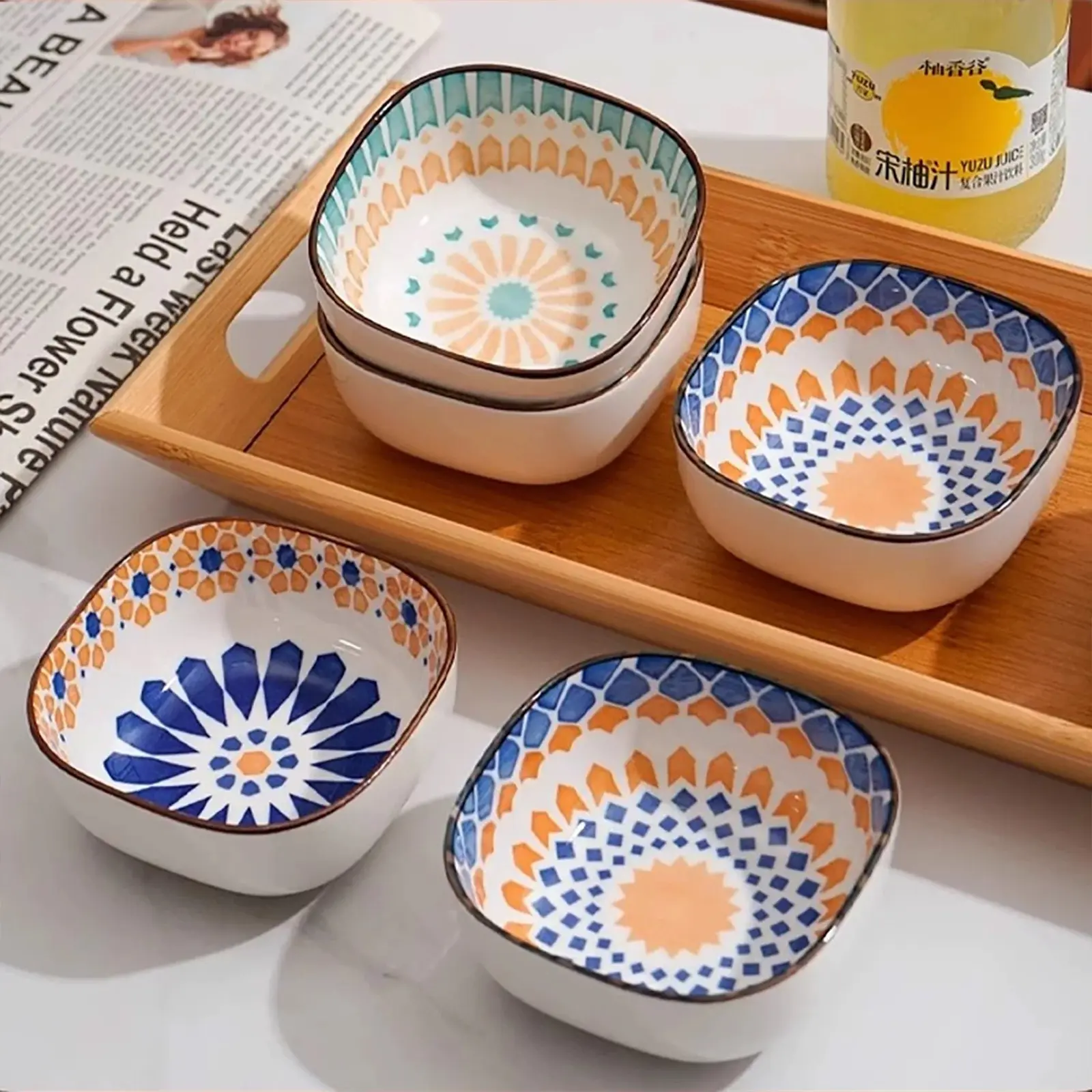 6-Piece Adult Bohemian Printed Ceramic Bowls - Mini, Stackable Porcelain Tableware, Dishwasher-Safe, Microwave-Safe for Dipping Sauce, Soups