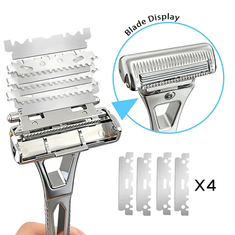 SHAVCOOO 4-Layer Half-Blade Stainless Steel DE Safety Razor Kit - Antibacterial, Smooth, Magnetic, Precision Facial Shave, Eco-Friendly Luxury Daily Gift for Men with Sensitive Skin & Razor Blades