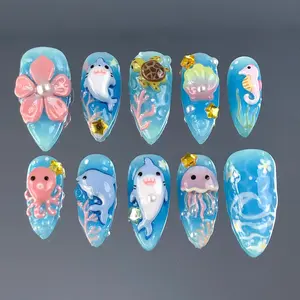 A1 Ocean Animal Press-On Nails, 3D Shark, Turtle and Jellyfish Design, Blue Sea Theme, Summer Beach Nails, Gift for Her