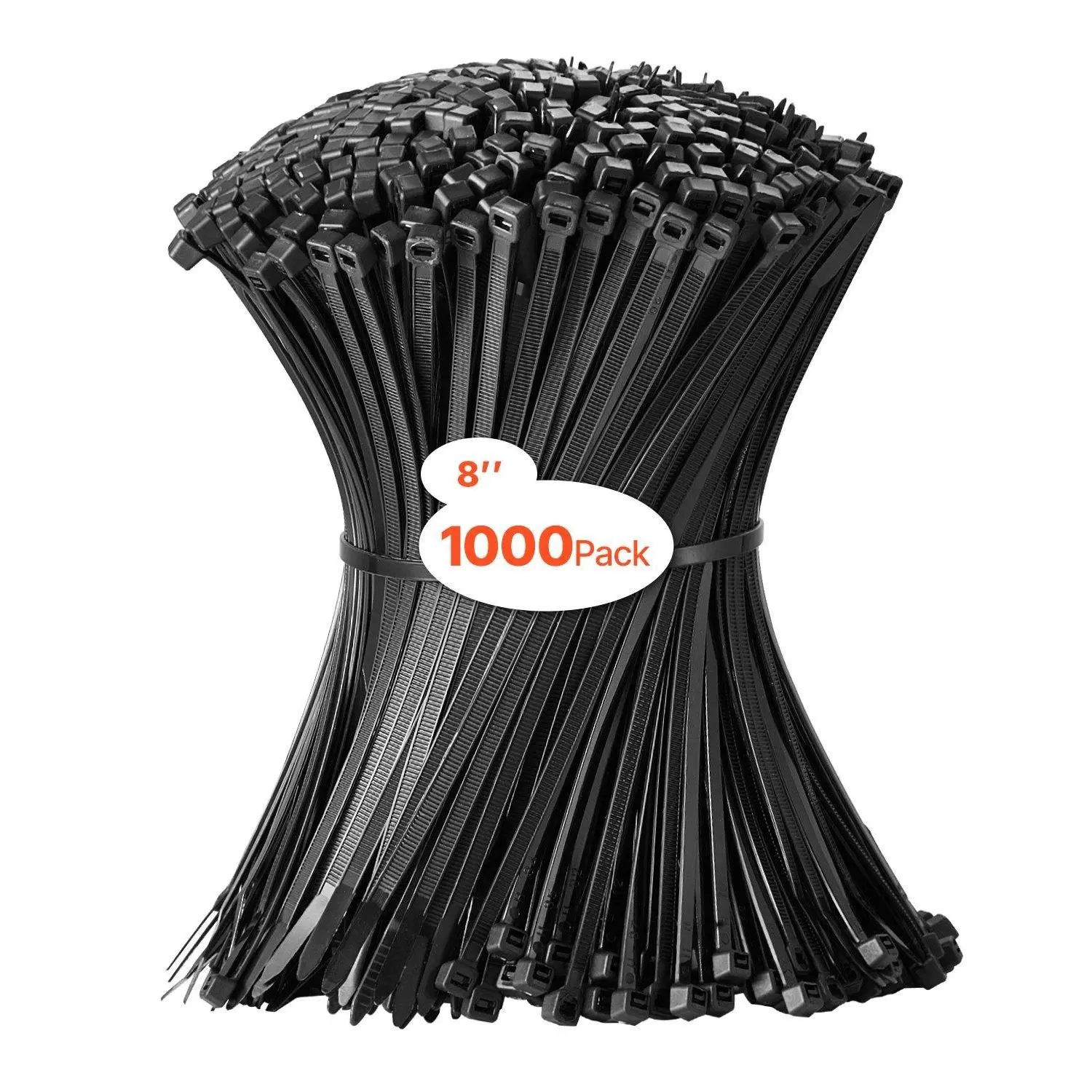 Nylon Self-Locking Heavy Wire Cable Ties (8-in, 0.19-in Width, 1000-Pack Bulk), 45LBS High Tensile Strength, BPA-Free, Cold & Heat Resistant, Rectangular, Secure Bundling for Home, Shed Cable Management, 0.19-Inch Width