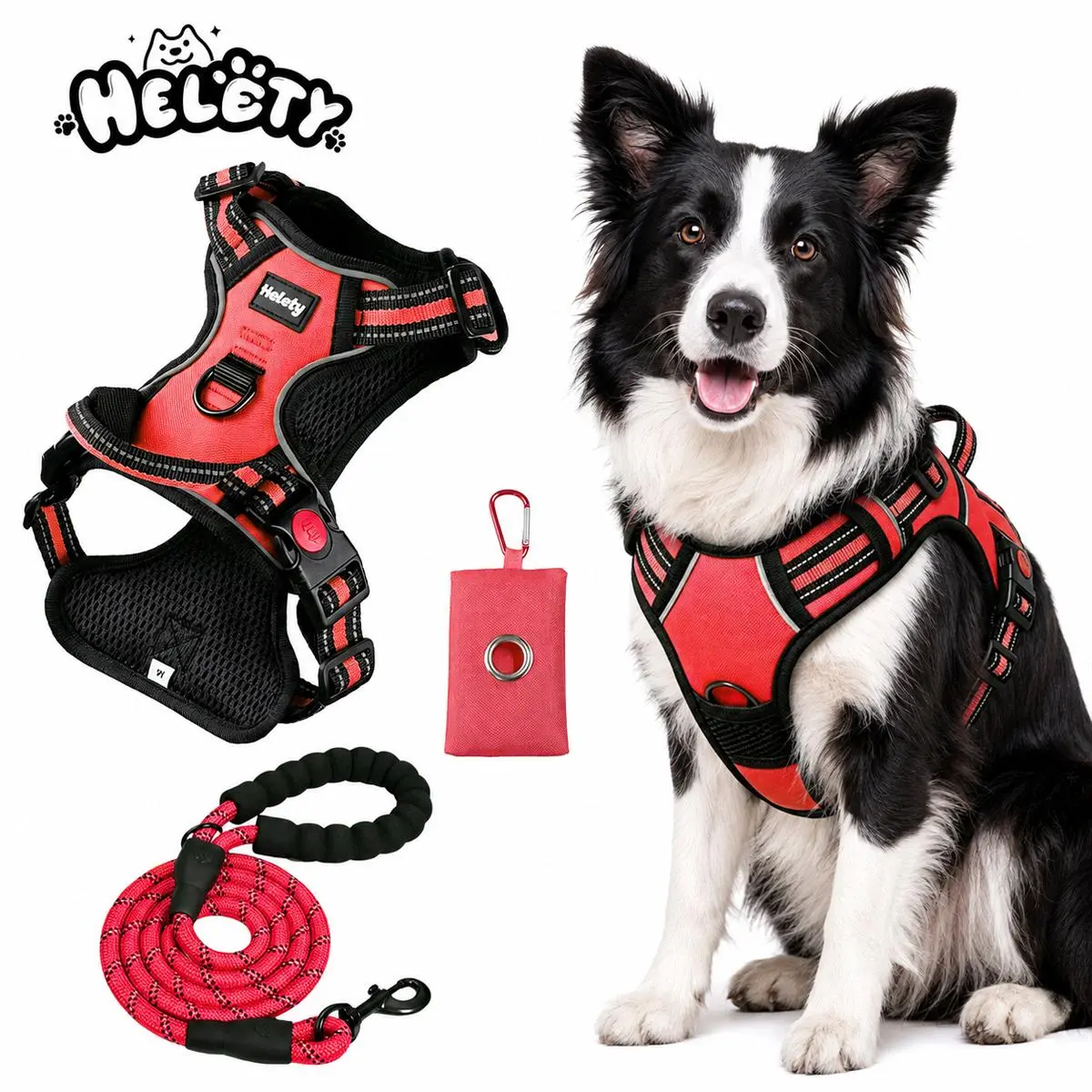 Helety 3-in-1 Portable Dog Walking Kit - Oxford Nylon Alloy Escape-Proof Vest Harness, 1.5m No-Tangle Leash, Quick-Access Poop Bag Dispenser for Large Dogs with Anti-Pull Walk Biothane Christmas Pet Bow Tie Set, 3-In-1 Pack, Harness Sets