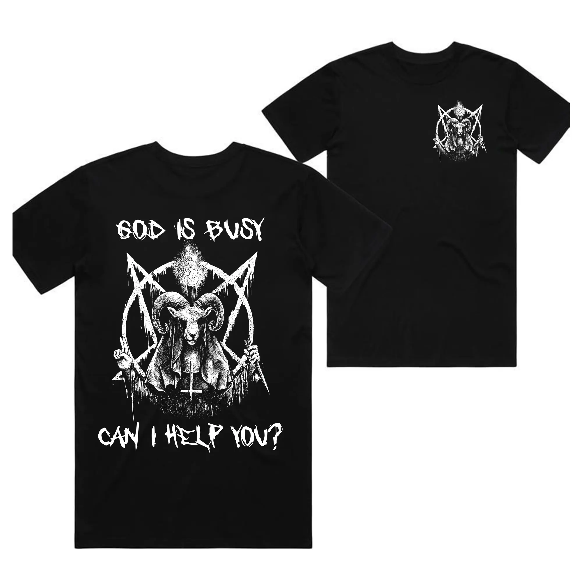 Cotton Unisex Occult Satanic Goat T-Shirt, God Is Busy Can I Help You Shirt, Dark Humor Tee, Gothic Metal Shirt, Baphomet Demon Graphic, Casual Shirt