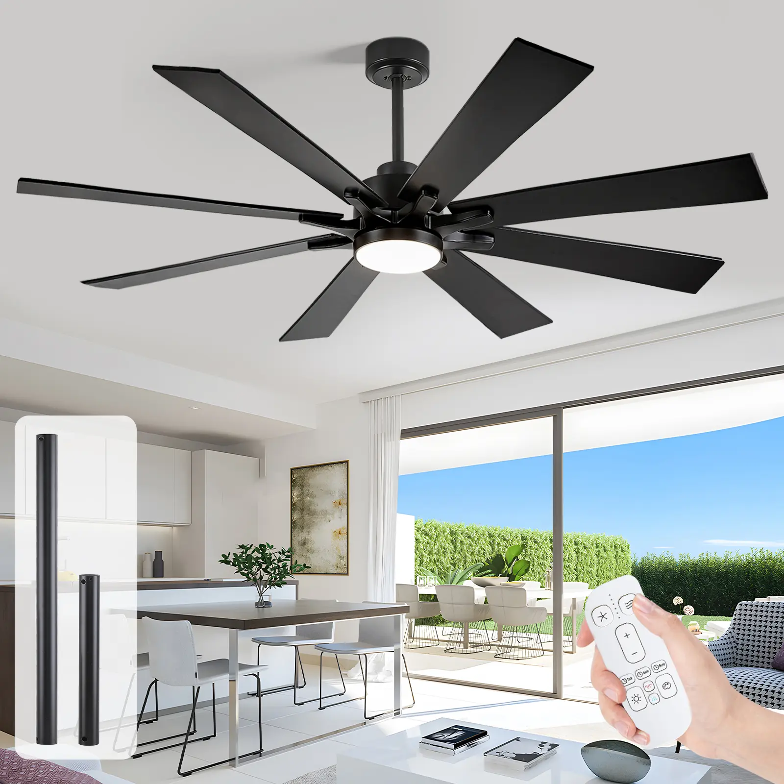 52-72Inch Smart Industrial Ceiling Fan with Light, Alexa/App/Remote Control, 8 Plywood Blades High CFM Large Ceiling Fan, Sleek Matte Black, Quiet DC Motor for Large Living Room, Covered Patio, Garage Indoor Outdoor Use