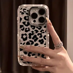 Black Leopard Luxury Rhinestone Phone Case, Transparent with Shiny Diamond Edge, Anti-Shock for iPhone 17 Pro Max 17 Air 16 15 14 Plus 13 12 11, Christmas, New Year, Easter, Halloween Gift