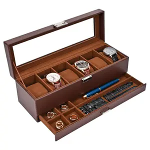 6 Slot Watch Box Organizer for Men, Watch Display Case with Drawer, Father's Day Gift Mens Watch Holder Watch Case for Men, 2-layer Jewelry and Watch Storage Case -6 Slot, Espresso organizer  storage