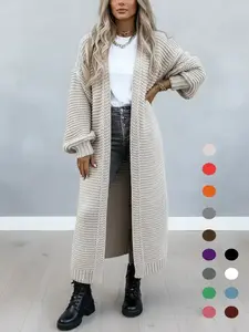 Women's Solid Split Hem Bishop Sleeve Open Front Longline Cardigan Fitted, Long Sleeve Knitwear for Lady Fall & Winter, Knit Fabric Clothing for Casual Daily Wear, Knitting, Womenswear