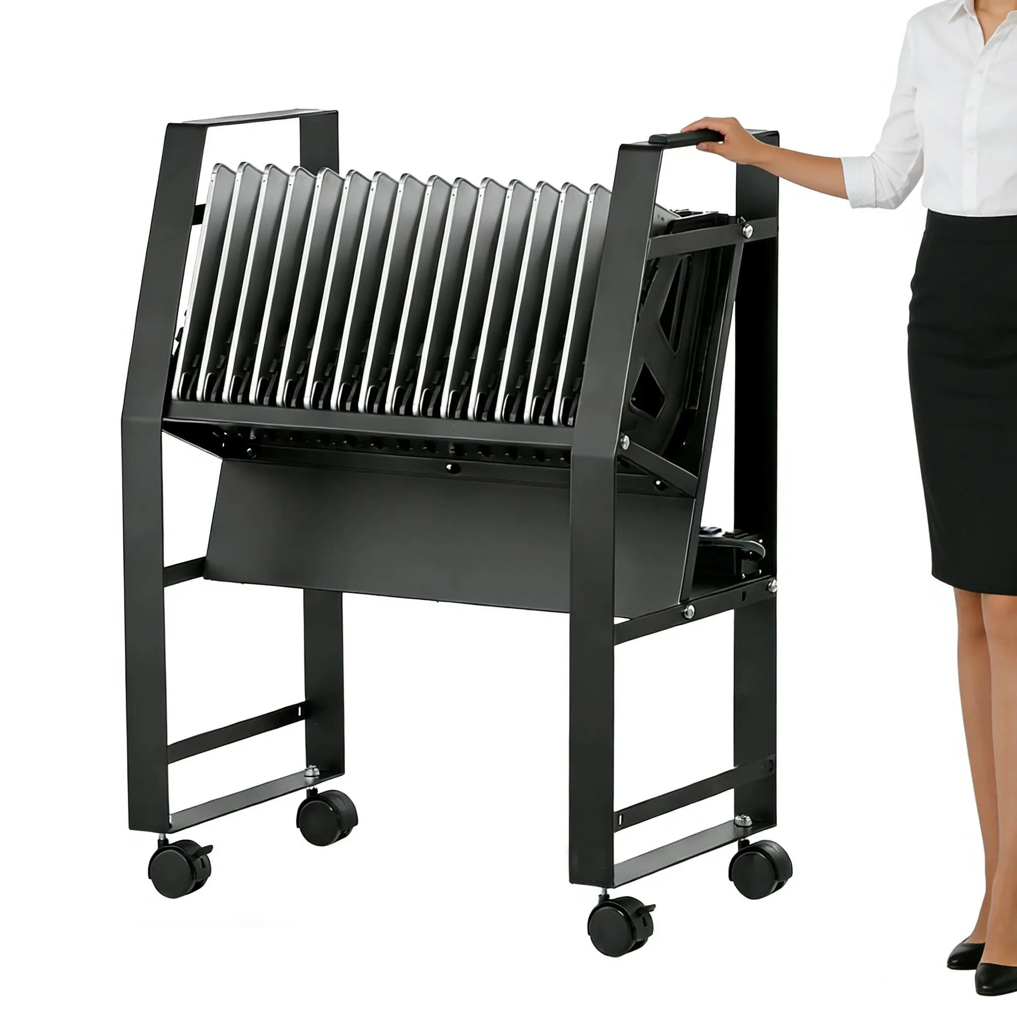16-Laptop-or-Tablet Metal Frame Charging Cart (Fits Up to 15.6" Laptops), Efficient Secure Charging Station with 4 Swivel Caster Wheels for Enhanced Mobility, Ideal for Classrooms