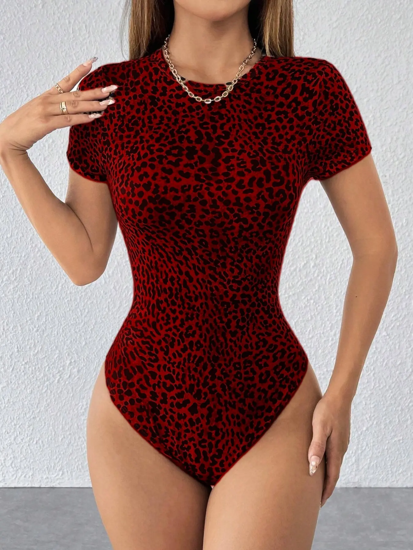 Leopard Print High Elastic Knitted Jumpsuit, Round Neck, Elegant Casual for Beach and Vacation, Comfortable Everyday Daily Wear for Women, Bodysuit, Stretchy Bodysuits