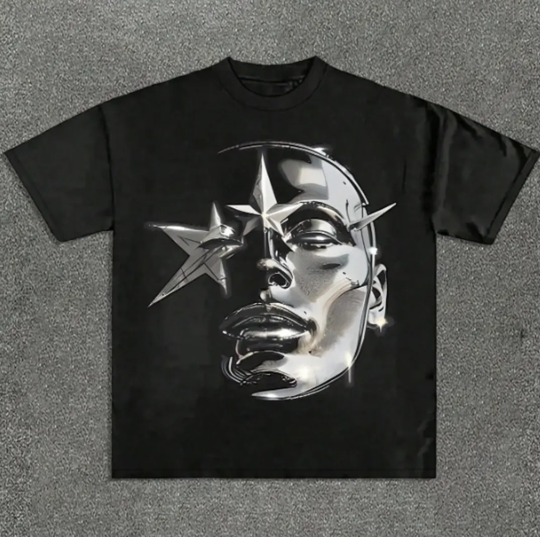 Chrome Star Face Print T-Shirt, Gifts Shirt, Unisex Vintage Graphic Tees Gothic Grunge Y2k Emo Scene Amity Affliction Style Clothes Men Women Streetwear