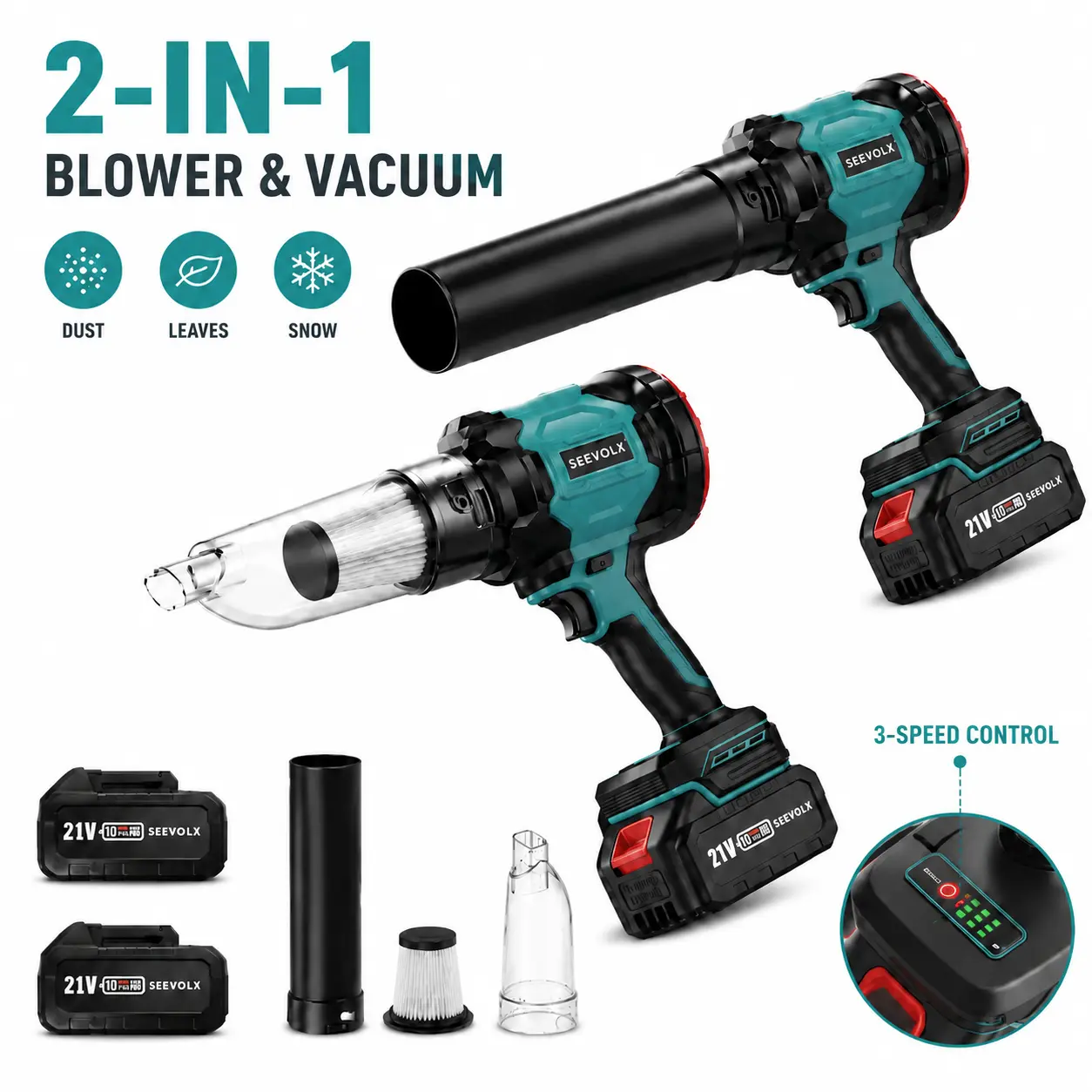 SEEVOLX 2-in-1 Cordless Leaf Blower and Vacuum with 3-Speed Modes, for Yard Lawn Patio Car Cleaning, Lightweight Handheld with Charger Included Home Portable
