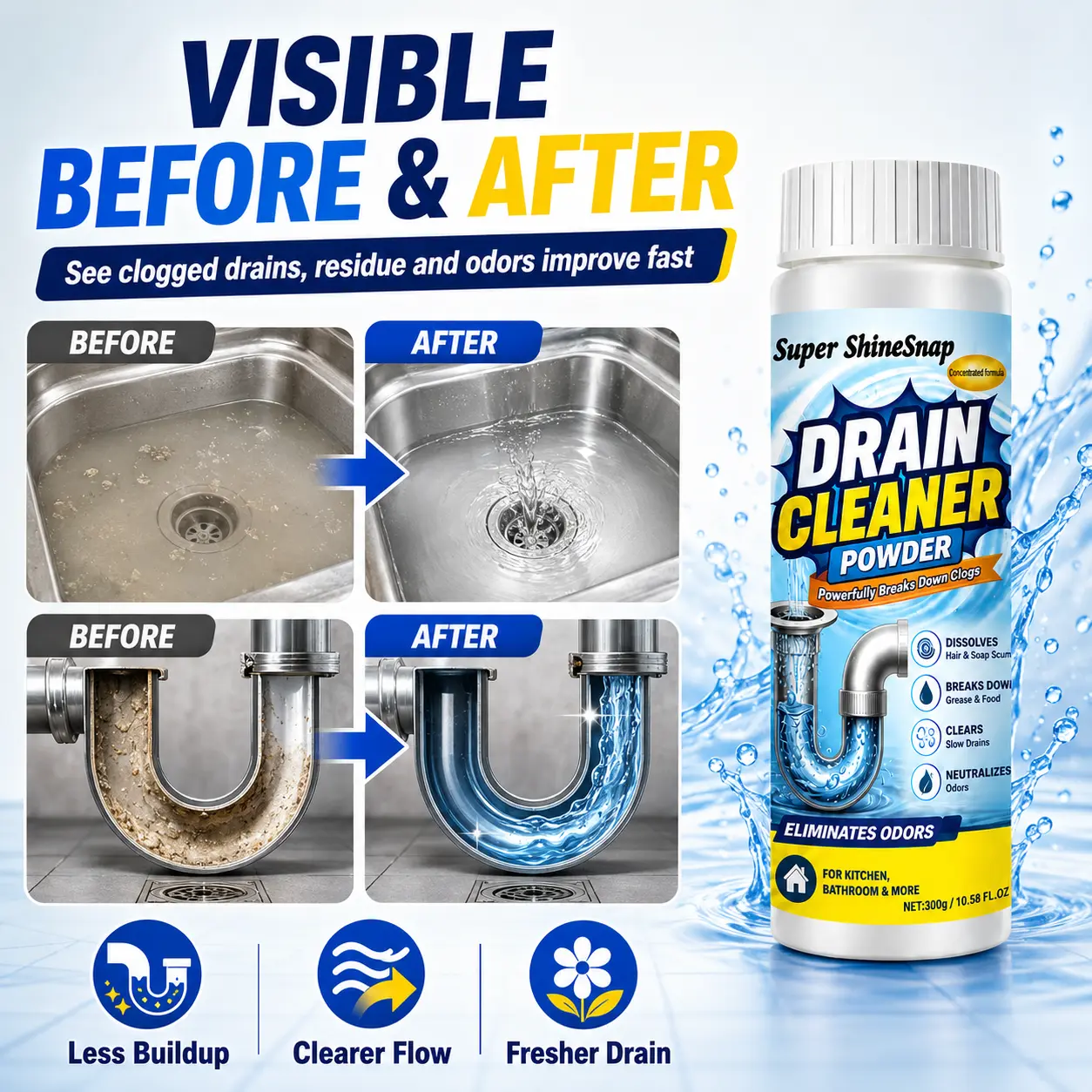 3 pcs Quick-Acting Drain Cleaner & Clog Remover, No Surfactants, for Toilets, Sinks, Tubs, Shower Drains, Kitchen Pipes, Bathroom & Kitchen Maintenance, Sink Clog Remover, Tub Drain Cleaner, Home Maintenance