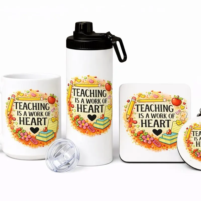 Custom "Teaching is a Work of Heart" Design Set - Includes Mug, Water Bottle, Coaster & Keychain - Perfect for Educators