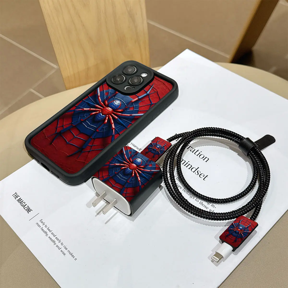 6 Piece Set Spider Design Phone Case, Charger Head Cover, Cable Protector, Storage Rope, Data Line Wrap, Tpu Protective Durable Shockproof Apple iPhone Case Smartphone Protection Accessories, Mobile Phone Casing, Stylish Protective Cover