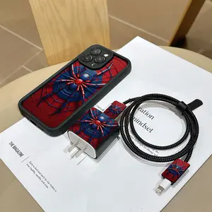 6 Piece Set Spider Design Phone Case, Charger Head Cover, Cable Protector, Storage Rope, Data Line Wrap, Tpu Durable Shockproof Apple iPhone Case Smartphone Protection Accessories