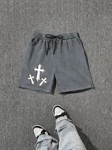 Men's Cross Print Wash Denim-effect Shorts, Regular Fit Casual Fashion Comfy Shorts for Summer, Men's Bottoms for Daily Wear