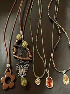 Boho Style Vintage Handmade Beaded Pendant Necklace Set, Geometric Long Leather Cord Layered Mixed Necklaces for Women, Charm Necklace, Boho Style Jewelry