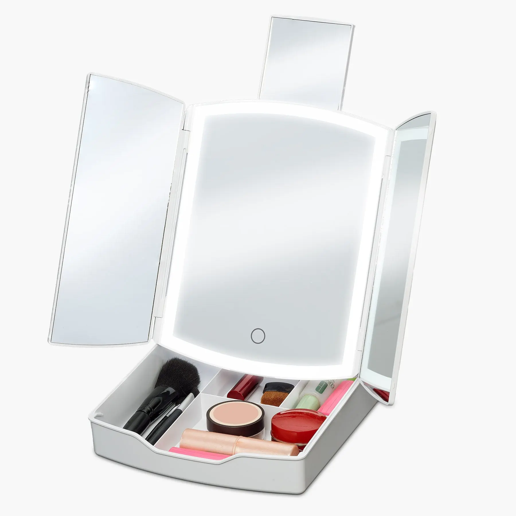 LED Lighted Mirror (iCVS30) - 5”x8” Adjustable Compact Tri-Fold Portable USB-Powered Dimmable Travel Mirror with 4 AA Batteries, 7x Magnification for 7× Magnify Touchups, Brush Storage, Makeup Organizer for College Students, Home Decor