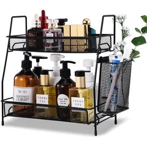 Countertop Organizer for Bathroom Counter, The Organizer for Bedroom, Spice Rack Organizer for Kitchen Counter Shelf with Small Basket(Black)