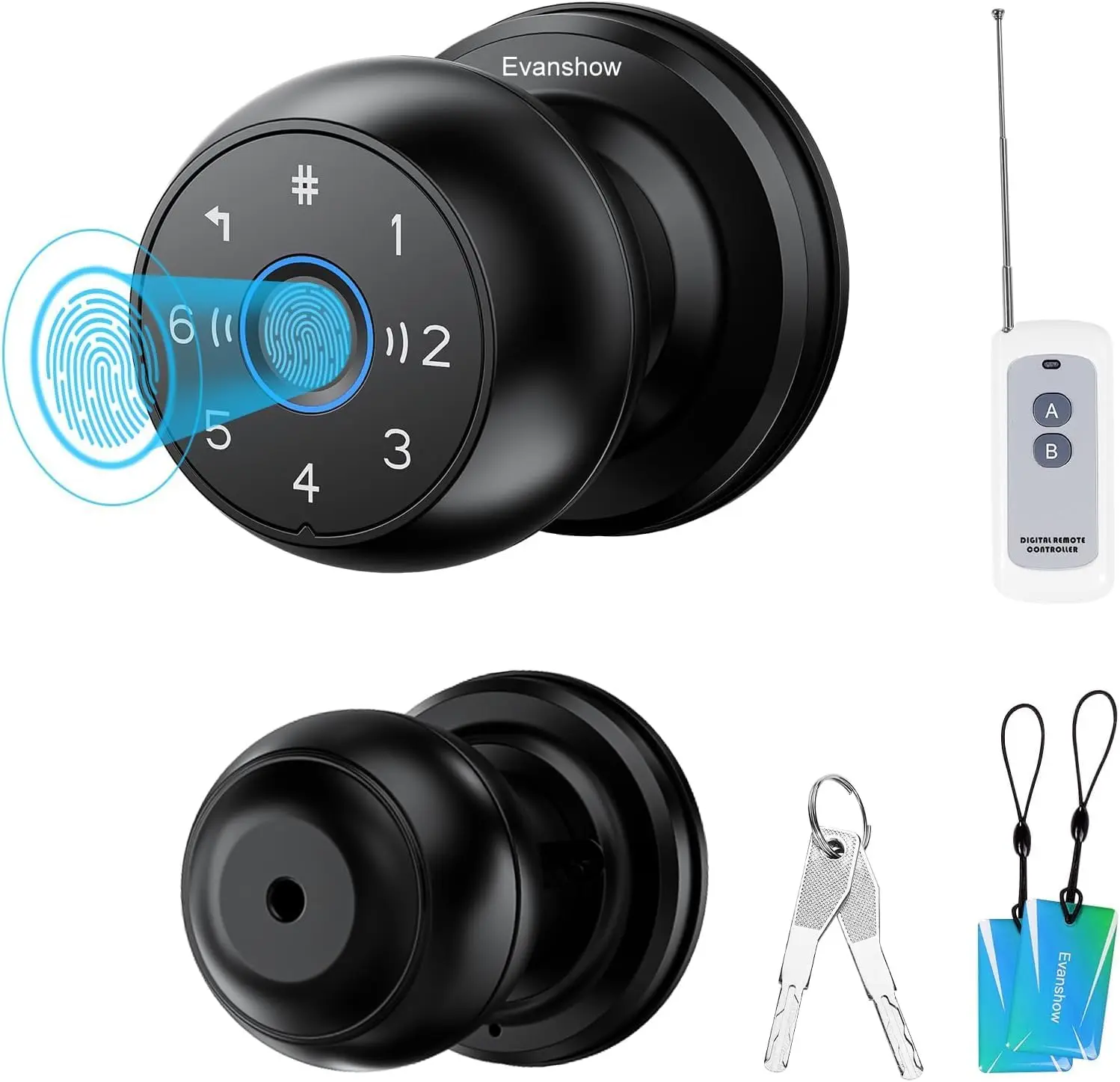 Evanshow Upgraded Smart Fingerprint Door Knob Lock, Keyless Entry Solutions with Password Keypad, Waterproof Handle, 1-Touch Unlock, Code Locks for Doors, Lockout Protection, External Power Bank Emergency Unlock, Nighttime Operation for Home & Apartment