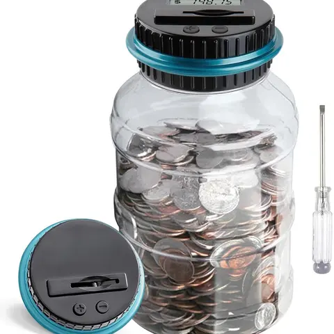 Large Piggy Bank for Boys Adults, Digital Coin Counting Bank with LCD Counter, 1.8L Capacity Coin Bank Money Jar for Adults, Designed for All US Coins (Blue)