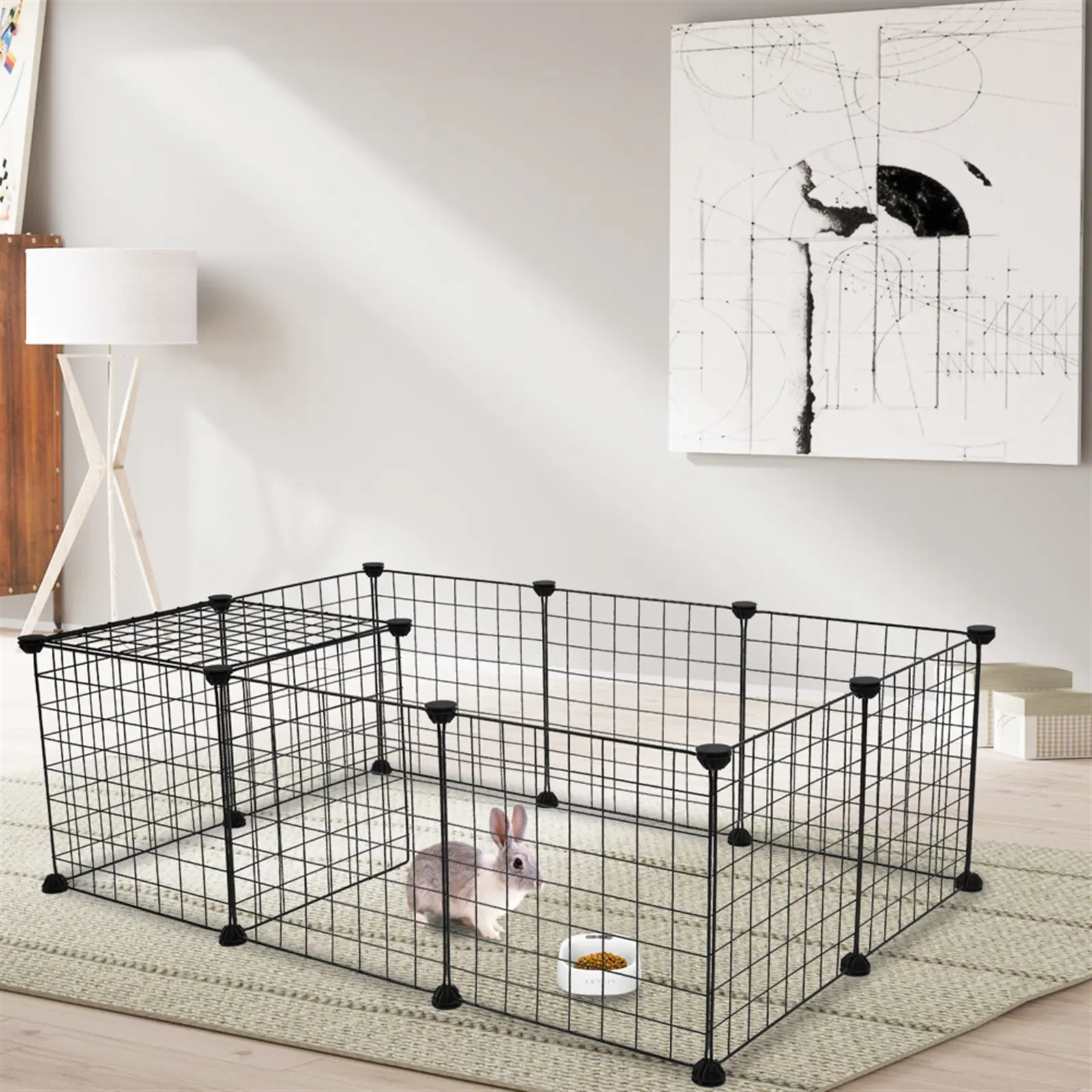 Portable Metal Wire Pet Playpen Enclosure - DIY Expandable, 12 Metal Panels, 28 Black ABS Plastic Connectors, 1 Wooden Hammer, 6Lb / 2.7Kg, 71x142x35.5cm Indoor Yard Fence for Small Animals (Guinea Pigs, Rabbits) Kennel Crate Tent