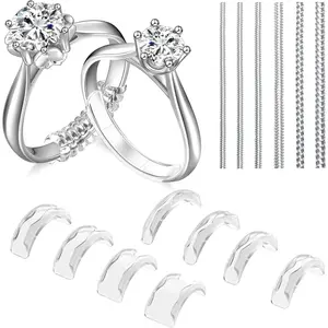 Women's Transparent Silicone Plastic Ring Size Adjusters, 14-Pack Guards Spacers Tightener Fitter with Ring Sizer Gauge, No-Resizing Solution for Loose Thick Bands
