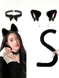 Fashion Animal Costume Set, and Cute Plush Cat Ears Lace Bow Tie Tail, 3-Piece for Carnivals Parties Performances